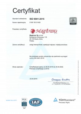 MAGTRANS - Certyfikat ISO 9001:2015